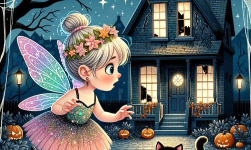 Une illustration pour enfants représentant une petite fille, vêtue d'un costume étincelant, explorant une mystérieuse maison hantée lors d'une nuit d'Halloween dans un quartier décoré de citrouilles et de toiles d'araignée.