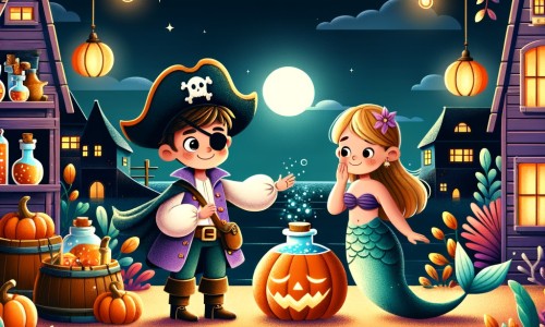 Une illustration pour enfants représentant un petit garçon déguisé en pirate découvrant un mystère dans la cave de sa maison, la veille de Halloween, dans un village tranquille.