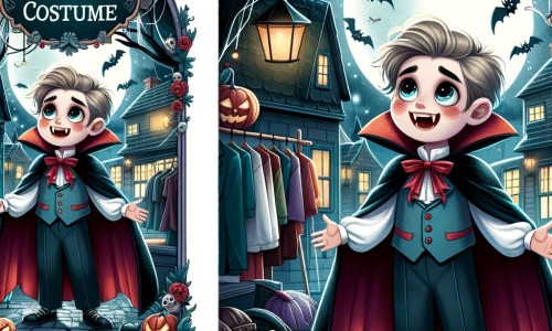 Une illustration pour enfants représentant un petit garçon déguisé en vampire, vivant une aventure mystérieuse lors d'une nuit d'Halloween, dans un quartier décoré et animé.