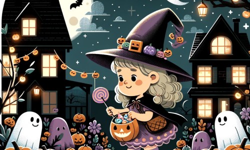 Une illustration destinée aux enfants représentant une petite fille déguisée en sorcière, qui cherche des bonbons avec ses amis dans un quartier rempli de maisons décorées avec des citrouilles lumineuses et des fantômes suspendus aux arbres.