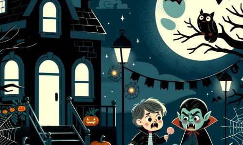 Une illustration pour enfants représentant un petit garçon déguisé en vampire effrayant, qui explore une mystérieuse maison hantée lors d'une nuit d'Halloween.