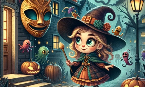 Une illustration pour enfants représentant une petite fille pleine d'énergie et d'imagination, se retrouvant confrontée à des créatures effrayantes lors d'une nuit d'Halloween mystérieuse, dans un quartier plongé dans l'obscurité.