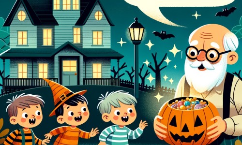 Une illustration destinée aux enfants représentant un petit garçon passionné d'Halloween, qui se retrouve coincé dans une maison abandonnée effrayante, avec ses amis, où ils découvrent des trésors cachés par un vieux monsieur.