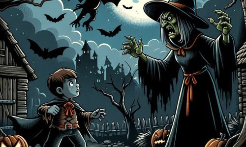Une illustration destinée aux enfants représentant un petit garçon déguisé en zombie, affrontant une sorcière méchante dans une maison sombre et sinistre, avec une chauve-souris géante volant autour d'eux.
