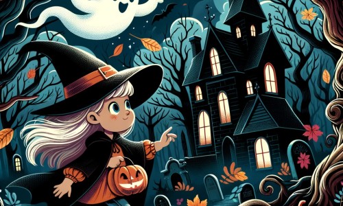Une illustration pour enfants représentant une petite fille déguisée en sorcière, explorant une maison hantée lors d'une nuit sombre d'Halloween.