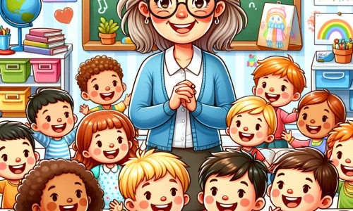 Une illustration destinée aux enfants représentant une institutrice souriante et bienveillante, entourée d'enfants curieux et joyeux, dans une salle de classe lumineuse et colorée, remplie de livres, de jouets et de dessins accrochés aux murs.