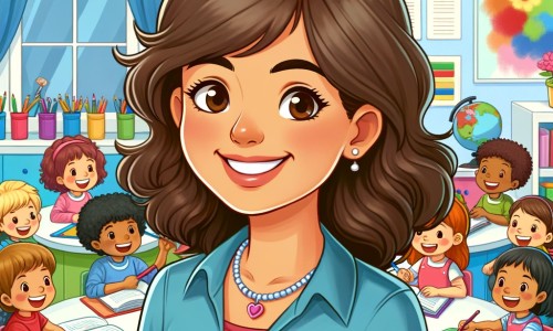 Une illustration destinée aux enfants représentant une jeune femme souriante et dynamique, entourée d'une classe joyeuse, dans une salle de classe lumineuse et colorée remplie de livres, de dessins et de matériel scolaire.