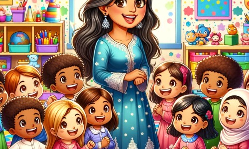 Une illustration destinée aux enfants représentant un instituteur souriant, entouré d'enfants joyeux, dans une salle de classe magique remplie de couleurs vives, de jouets et de livres.