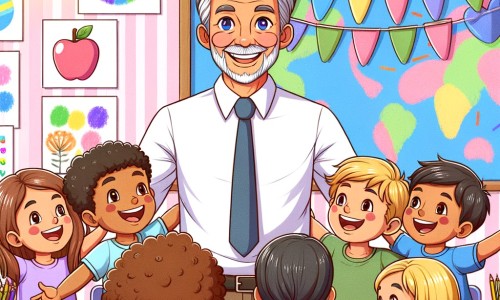 Une illustration destinée aux enfants représentant un instituteur bienveillant et souriant, entouré de ses élèves joyeux, dans une salle de classe remplie de couleurs vives et de dessins accrochés aux murs.