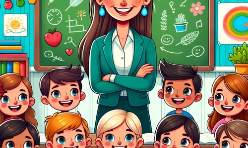 Une illustration destinée aux enfants représentant un instituteur bienveillant et souriant, entouré de ses élèves joyeux, dans une salle de classe colorée et remplie de livres, de dessins et de plantes vertes.