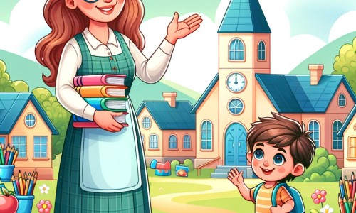 Une illustration destinée aux enfants représentant une institutrice bienveillante et joyeuse dans un village paisible, accompagnée d'un enfant curieux, découvrant l'école colorée et remplie de livres et de jeux éducatifs.