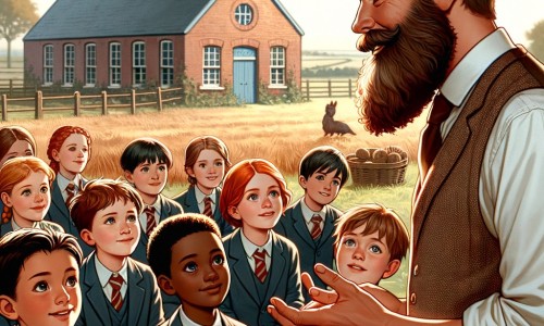Une illustration pour enfants représentant un gentil instituteur barbu enseignant dans une école de campagne.