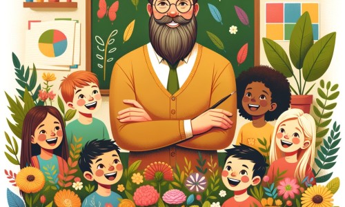 Une illustration destinée aux enfants représentant un instituteur barbu et bienveillant, entouré de ses élèves souriants, dans une salle de classe chaleureuse et colorée, remplie de plantes et de pots de fleurs.