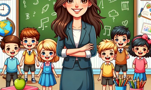 Une illustration destinée aux enfants représentant une institutrice bienveillante et souriante, entourée de ses élèves joyeux, dans une salle de classe colorée remplie de livres, de dessins et d'un tableau noir.