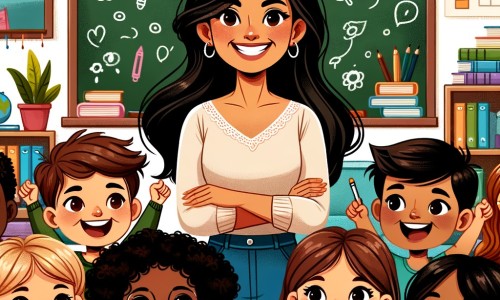 Une illustration destinée aux enfants représentant une jeune institutrice souriante, entourée de ses élèves enthousiastes, dans une salle de classe colorée remplie de livres, de tableaux et de plantes.