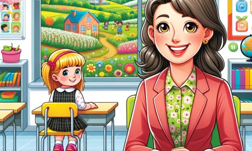 Une illustration pour enfants représentant une jeune femme souriante et énergique, institutrice de son état, qui prépare sa première classe dans une petite école de campagne.