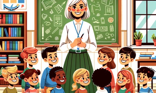 Une illustration pour enfants représentant une institutrice souriante et dynamique qui accueille ses élèves pour la nouvelle année scolaire dans une grande salle de classe lumineuse.