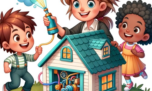 Une illustration pour enfants représentant une femme au sourire malicieux, entourée d'outils et d'engrenages colorés, dans un atelier rempli de magie et de créativité.