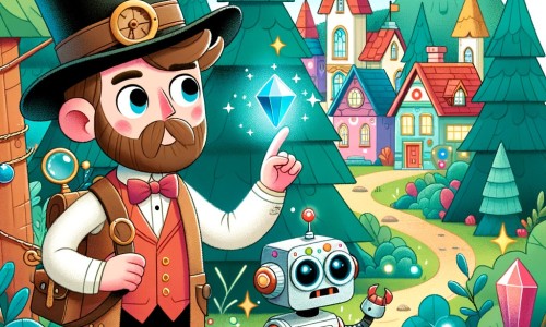 Une illustration destinée aux enfants représentant un homme passionné par les inventions, découvrant un cristal magique dans une forêt enchantée, accompagné de son fidèle robot farceur, dans la petite ville colorée de La Joie.
