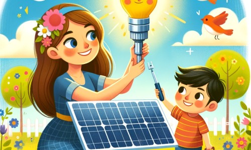 Une illustration destinée aux enfants représentant une jeune femme créative et passionnée par l'invention, qui invente une lampe solaire avec l'aide de son petit frère, dans un parc ensoleillé avec des fleurs colorées et des oiseaux chantant joyeusement.
