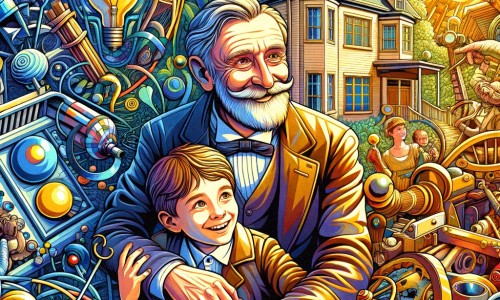 Une illustration destinée aux enfants représentant un inventeur passionné et créatif, accompagné d'un jeune garçon curieux, dans un atelier rempli de machines étranges et colorées, situé dans une grande maison entourée d'un parc verdoyant et ensoleillé.