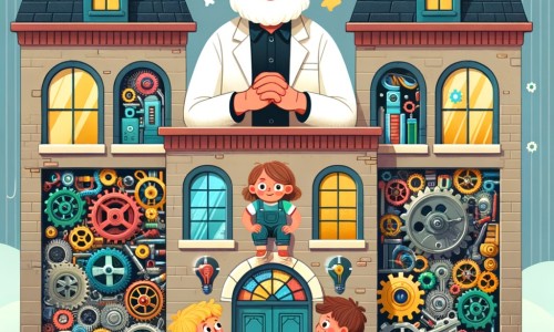 Une illustration pour enfants représentant un homme inventeur passionné travaillant sur ses créations dans son appartement encombré.