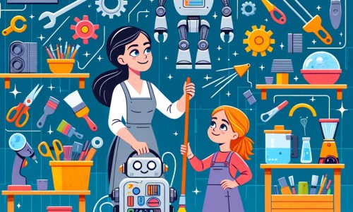Une illustration destinée aux enfants représentant une femme inventrice passionnée, accompagnée de sa fille, créant un robot qui nettoie la maison, dans leur atelier rempli d'outils colorés et d'étagères remplies de pièces mécaniques étincelantes.