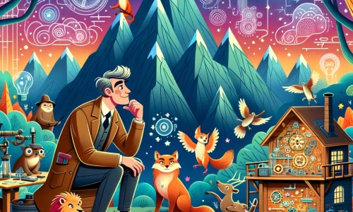Une illustration destinée aux enfants représentant un inventeur talentueux et créatif, entouré de ses amis animaux, dans son atelier magique situé au sommet d'une montagne aux couleurs vives et aux arbres géants.