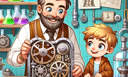 Une illustration pour enfants représentant un homme aux yeux brillants, construisant une machine à voyager dans le temps dans son atelier, situé dans une petite ville.