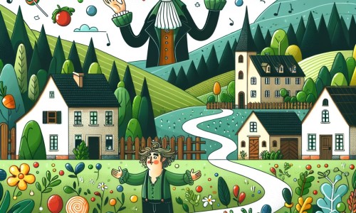 Une illustration destinée aux enfants représentant un homme excentrique aux cheveux ébouriffés, entouré de légumes et de bonbons volants, dans un petit village paisible entouré de collines verdoyantes.