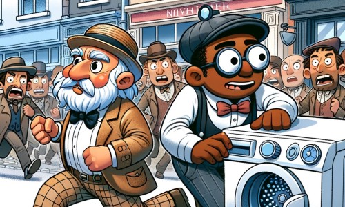Une illustration pour enfants représentant un inventeur farfelu se retrouvant poursuivi par sa machine à laver en folie dans les rues animées d'une petite ville.
