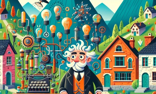 Une illustration destinée aux enfants représentant un homme excentrique, entouré d'inventions farfelues, accompagné de son chat curieux, dans un petit village niché au cœur des montagnes, avec des maisons colorées et des arbres luxuriants.