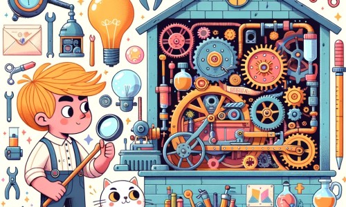 Une illustration destinée aux enfants représentant un homme inventeur plein d'imagination, accompagné de son fidèle chat, découvrant une machine farfelue dans son atelier rempli d'outils et d'objets colorés.