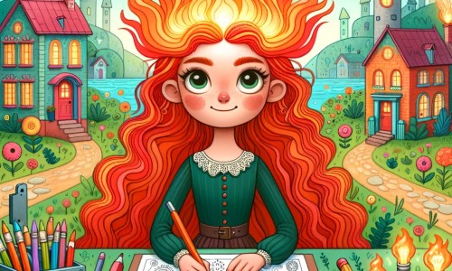 Une illustration destinée aux enfants représentant une femme aux cheveux roux flamboyants, entourée de ses inventions farfelues, accompagnée d'un joyeux village plein de maisons colorées et de jardins verdoyants, où se déroulent des aventures magiques.