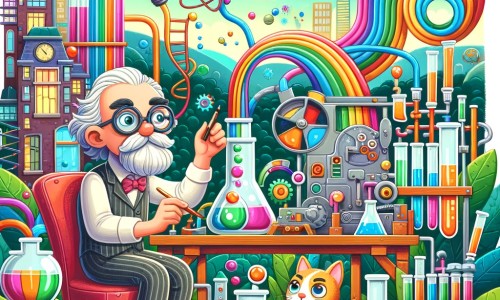 Une illustration pour enfants représentant un inventeur farfelu, dans son laboratoire, créant une machine pour cloner des objets en trois dimensions.