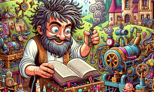 Une illustration pour enfants représentant un inventeur excentrique, plongé dans une aventure culinaire magique, dans un petit village au cœur d'une vallée verdoyante.