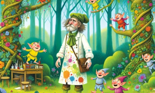 Une illustration pour enfants représentant un inventeur excentrique, perdu dans une forêt enchantée après avoir utilisé sa machine à voyager dans le temps.