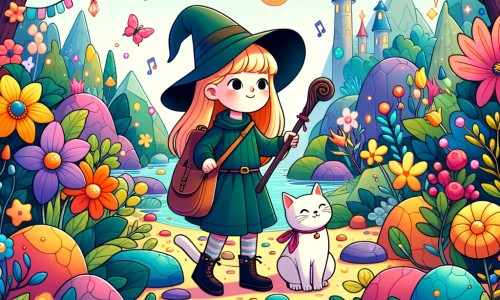Une illustration pour enfants représentant une petite apprentie sorcière découvrant ses pouvoirs magiques dans un monde enchanté rempli de créatures fantastiques.