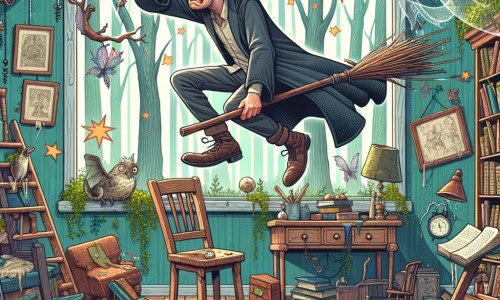 Une illustration pour enfants représentant un sorcier distrait qui concocte des potions magiques dans une forêt enchantée, et qui, un jour, s'envole maladroitement dans la ville voisine.