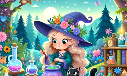 Une illustration destinée aux enfants représentant une sorcière farfelue concoctant des potions magiques, accompagnée d'un adorable chat noir, dans une forêt enchantée pleine de fleurs colorées, d'arbres majestueux et d'animaux curieux.