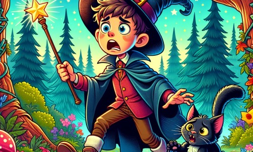 Une illustration destinée aux enfants représentant un jeune sorcier paniqué, à la recherche de sa baguette magique perdue, accompagné d'un chat malicieux, dans une forêt enchantée aux arbres majestueux et aux couleurs chatoyantes.