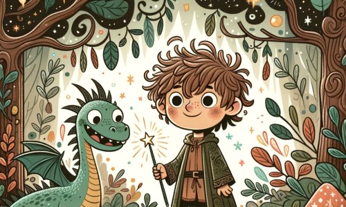 Une illustration destinée aux enfants représentant un jeune apprenti sorcier aux cheveux ébouriffés, tenant une baguette magique, faisant face à un dragon souriant, dans une forêt enchantée remplie d'arbres aux feuilles chatoyantes et de champignons lumineux.