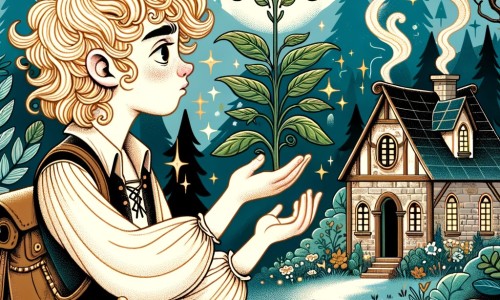 Une illustration destinée aux enfants représentant une apprentie sorcière aux boucles d'or, se retrouvant face à une plante magique qui grandit jusqu'à la taille d'un arbre, avec en arrière-plan une petite maisonnette au cœur d'une forêt enchantée.