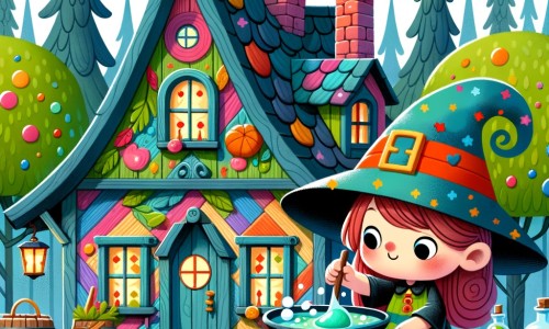 Une illustration destinée aux enfants représentant une sorcière farfelue, créant des potions magiques dans sa petite maisonnette colorée au milieu d'une forêt enchantée, avec un chaudron bouillonnant et des éclaboussures de couleurs vives.