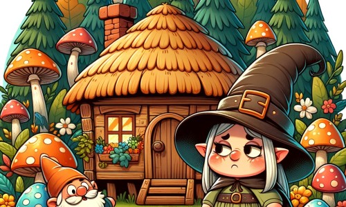 Une illustration destinée aux enfants représentant une sorcière maladroite vivant dans une petite hutte en pleine forêt, accompagnée d'un lutin farceur, dans un royaume enchanté rempli de champignons colorés et de créatures magiques.