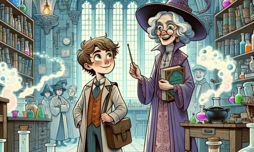 Une illustration pour enfants représentant un jeune apprenti sorcier curieux et plein d'imagination, découvrant les secrets de la magie à l'école de magie, dans une atmosphère ensorcelante et amusante.