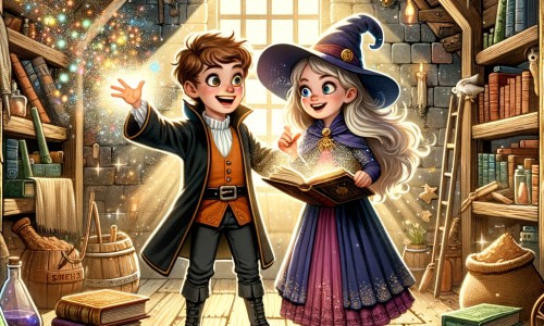 Une illustration destinée aux enfants représentant un jeune apprenti sorcier, plein d'enthousiasme, qui fait des sorts hilarants avec une sorcière espiègle dans un grenier poussiéreux rempli de vieux grimoires et d'objets magiques étincelants.