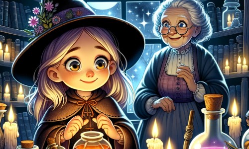Une illustration pour enfants représentant une petite fille en costume de sorcière qui découvre un livre magique dans la forêt et se retrouve transportée dans un monde ensorcelant rempli de potions mystérieuses et de sorts magiques.