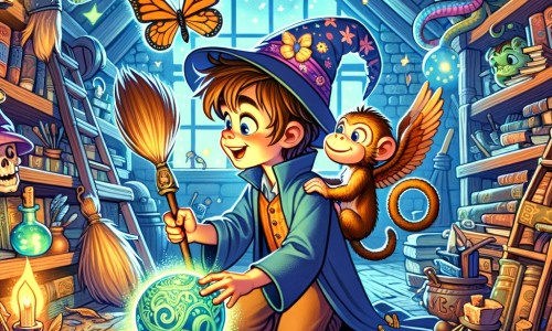 Une illustration pour enfants représentant un jeune apprenti sorcier, plongé dans une situation magique et amusante, se déroulant dans un monde enchanté rempli de potions et de sortilèges.