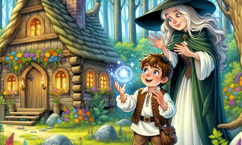 Une illustration destinée aux enfants représentant un jeune apprenti sorcier émerveillé par la découverte de la magie, accompagné d'une sorcière bienveillante, dans une petite maison en bois au cœur d'une forêt enchantée, entourée d'arbres majestueux et de fleurs colorées.